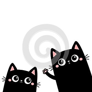 Funny cat set. Waving hand. Black silhouette. Pink paw print. Cute cartoon kawaii face character. Pet baby collection. Notebook