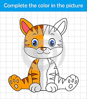 Funny cat sitting. Complete the picture children drawing game