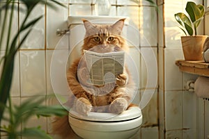 Funny cat sitting on toilet bowl and reading newspaper