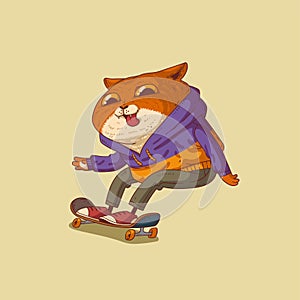 Funny cat skateboarder. Vector illustration. Enthusiastic anthropomorphic cat