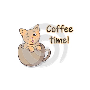 Funny cat sticker coffee time vector