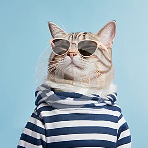 Funny Cat In Striped Tee Shirt And Sunglasses photo
