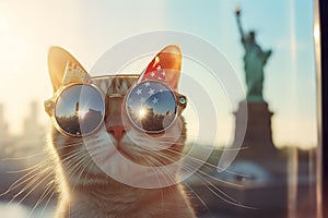 Funny cat in sunglasses with American flag, Liberty Statue, 4 July Independence Day celebration.