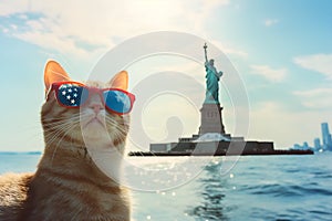 Funny cat in sunglasses with American flag, Liberty Statue, 4 July Independence Day celebration.