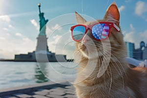 Funny cat in sunglasses with American flag, Liberty Statue, 4 July Independence Day celebration.