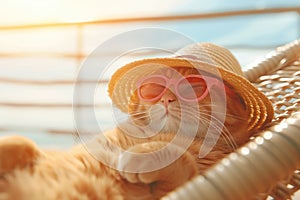 Funny cat in sunglasses and beach hat relaxing sitting on deckchair having a rest on vacation trip.