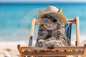 Funny cat in sunglasses and beach hat relaxing sitting on deckchair having a rest on vacation trip.