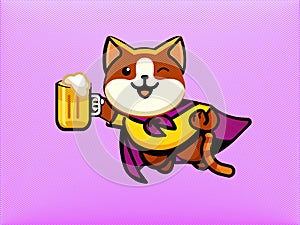 Funny cat in a superman cloak holding a mug of beer in his paws. Vector illustration of a pet during the holidays.