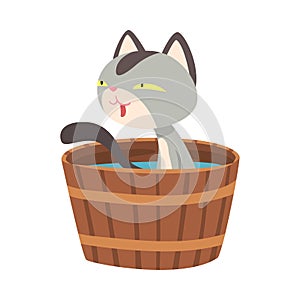 Funny Cat Taking Japanese Hot Spring Bath, Adorable Pet Animal Enjoying Spa Procedure in Wooden Barrel, Onsen Vector
