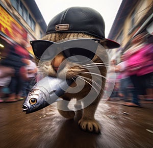 funny cat thieve wear cap and sunglass escape on running from market with stolen grilled salmon