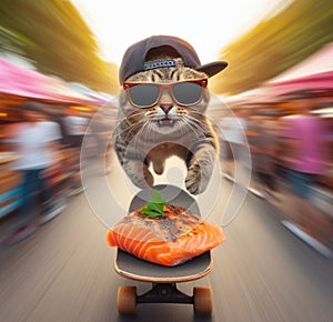 funny cat thieve wear cap and sunglass escape on skateboard from market with stolen grilled salmon