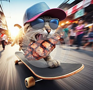 funny cat thieve wear cap and sunglass escape on skateboard from market with stolen grilled steak