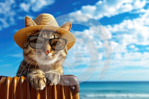 Funny cat tourist in sunglasses standing with suitcase going on summer holiday trip