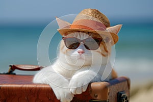 Funny cat tourist in sunglasses standing with suitcase going on summer holiday trip