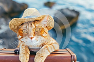 Funny cat tourist in sunglasses standing with suitcase going on summer holiday trip