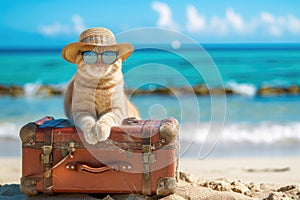 Funny cat tourist in sunglasses standing with suitcase going on summer holiday trip