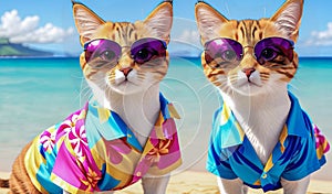 Funny Cat on vacation in Hawaiian shirt and sunglasses. advertising offers of travel agencies and operators. journey, trip, tour