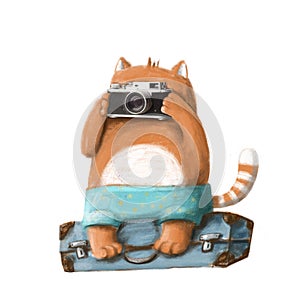 Funny cat on vacations making foto, hand drawn clipart for card design