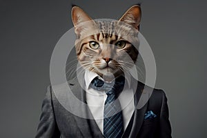 A funny cat wearing a suit with isolated background