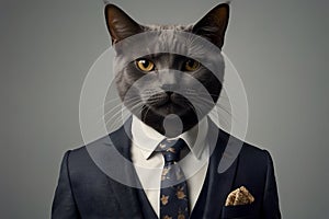 A funny cat wearing a suit with isolated background