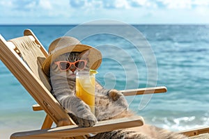 Funny cat wearing sunglasses and beach hat relaxing sitting on deckchair with orange juicy cocktail