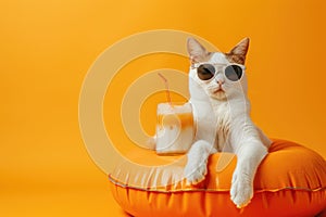 Funny cat wearing sunglasses relaxing sitting on rubber ring with orange juicy cocktail