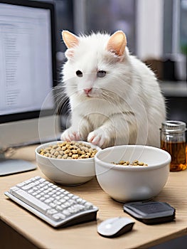 Funny cat working in office and eating snacks like a human being