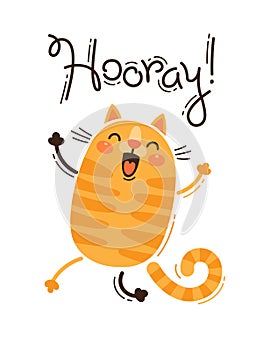 Funny cat yells Hooray. Vector illustration in cartoon style photo