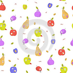 Funny caterpillar houses made of apples, plums, pears. Seamless pattern