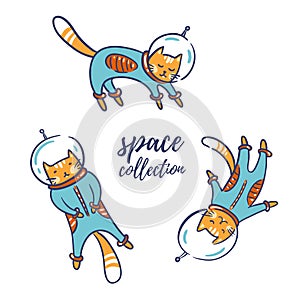Funny cats astronauts in space isolated on the white background, vector illustration.