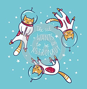 Funny cats astronauts in space, vector illustration. Design for kids.