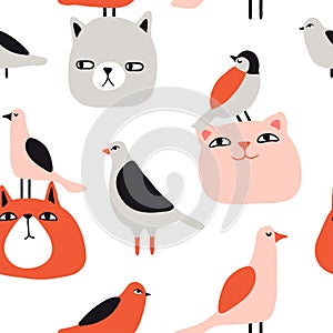 Funny cats and birds seamless pattern