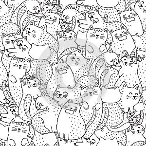 Funny cats black and white seamless pattern