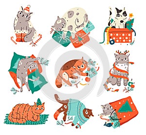 Funny cats Christmas and New Year set. Cute cats with garland, giftboxes , sweaters. Collection of cartoon pets for winter