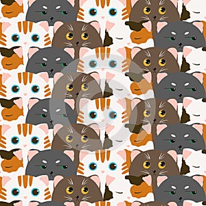 Funny cats with different emotions. Scales seamless pattern. Bright background with animals. Red, gray and brown cats