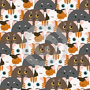 Funny cats with different emotions. Scales seamless pattern. Bright background with animals. Red, gray and brown cats