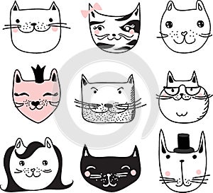 Funny cats doodles. Set of 9 hand drawn characters in different poses. Design elements for print stickers, greeting