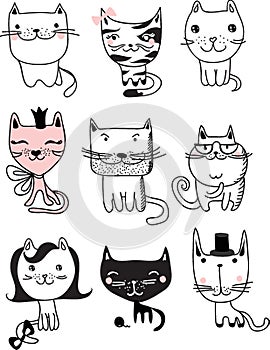 Funny cats doodles. Set of 9 hand drawn characters in different poses. Design elements for print stickers, greeting