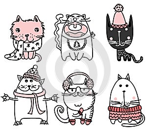 Funny cats doodles. Set of 9 hand drawn characters in different poses. Design elements for print stickers, greeting