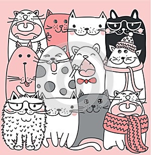 Funny cats doodles. Set of 9 hand drawn characters in different poses. Design elements for print stickers, greeting