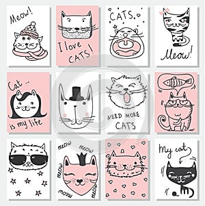 Funny cats doodles. Set of 9 hand drawn characters in different poses. Design elements for print stickers, greeting
