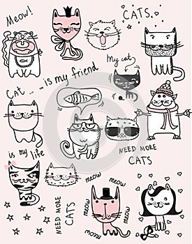 Funny cats doodles. Set of 9 hand drawn characters in different poses. Design elements for print stickers, greeting