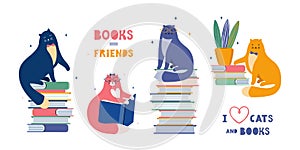 Funny cats are literary fans. Cute animals lovers of literature. Cartoon cats read and sit on a large stack of books. Hand drawn