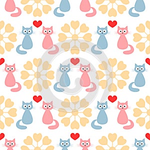 Funny cats in love. Hearts and abstract round flowers. Cute seamless pattern.