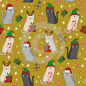 Funny cats in Santa hat, elf hat reindeer antler seamless pattern. Candy cane, and christmas presents