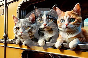 funny cats travel in a train carriage, vacation