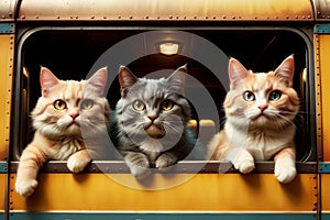 funny cats travel in a train carriage, vacation