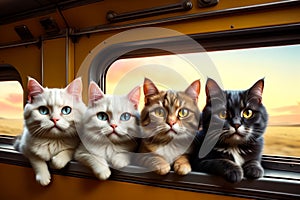 funny cats travel in a train carriage, vacation