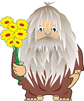 Funny cave man: savage with flowers