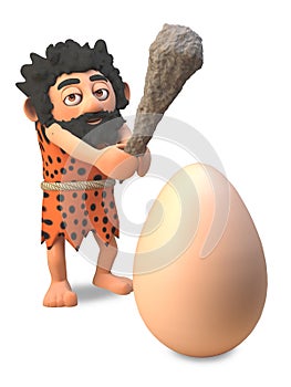 Funny caveman in 3d wearing an animal pelt and swinging his club to crack a dinosaur egg, 3d illustration photo